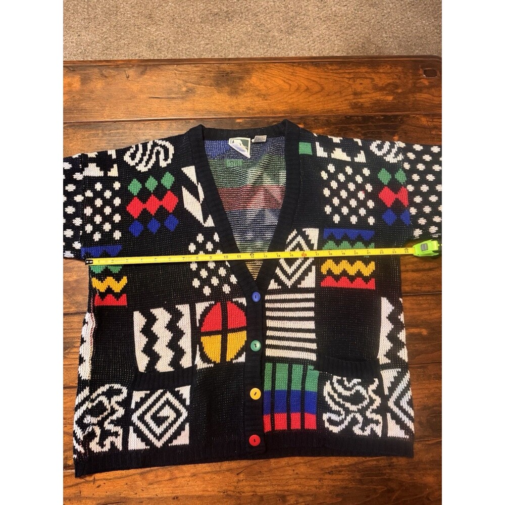 Vintage 90s Geometric Patchwork Cardigan Oversized Art Sweater Colorful Button - Picture 7 of 9